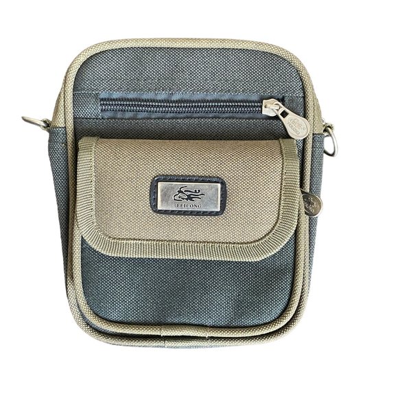 Feilong Canvas Multi Pocket Crossbody Or Belt Bag Strap Not Included Green Tan - Picture 1 of 13